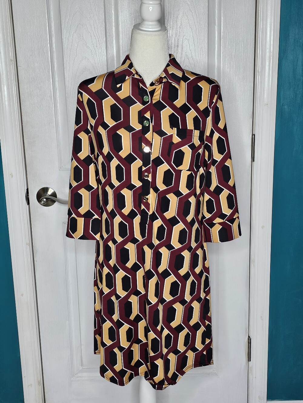 Tracy Negoshian Geometric Midi Shirt Dress in Brown And Gold
